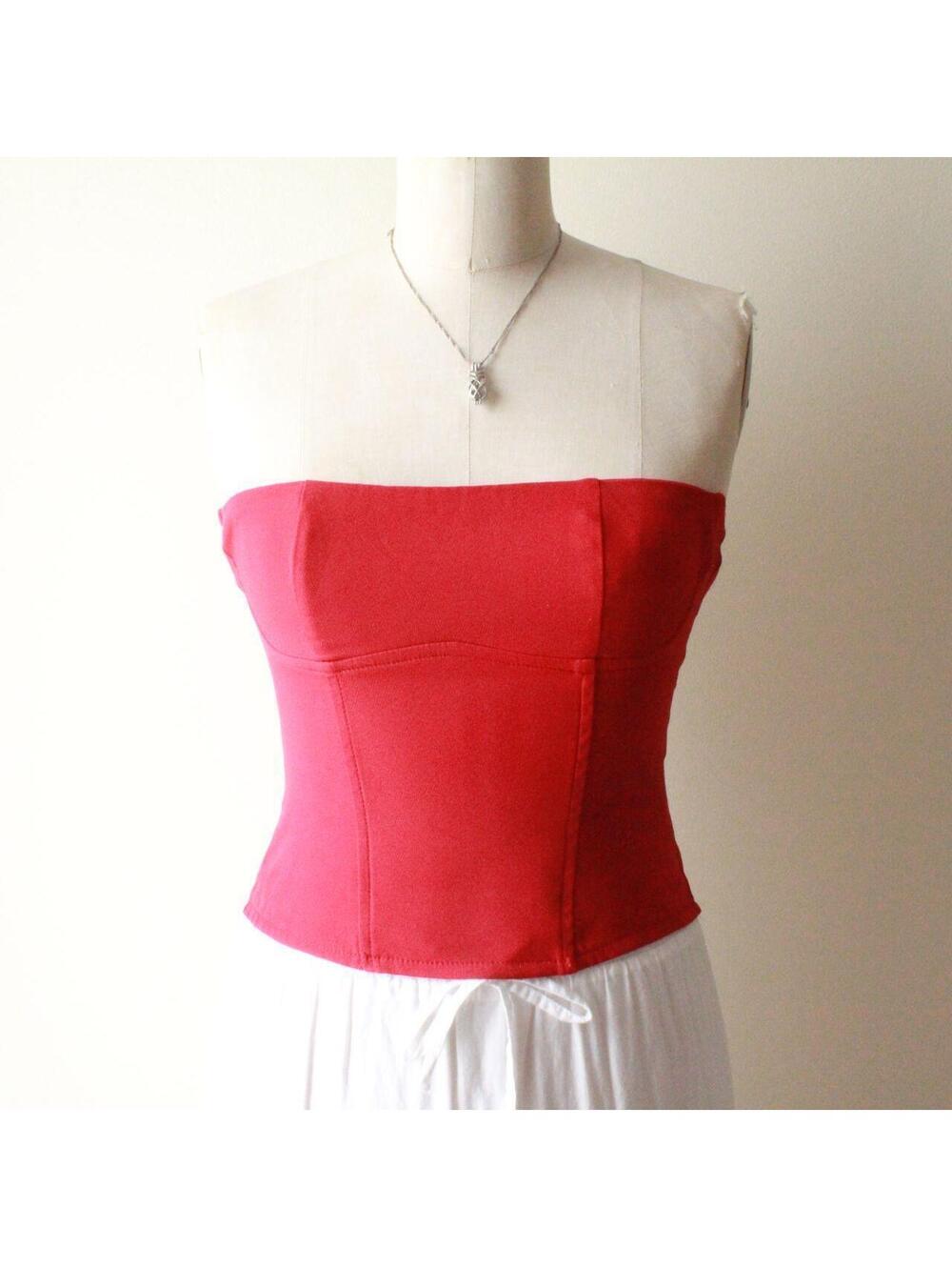 Edikted Red Strapless Corset Bandeau Top with Lace-Up Back, XS, Streetwear